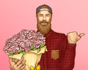 Valentine holiday celebration card, flower shop advertising banner pop art vector with happy smiling young hipster man in checkered red shirt and baseball cap holding big bouquet of roses illustration