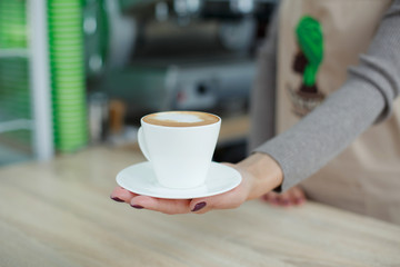 Barista in apron in coffee shop give just brewed fresh coffee to customer