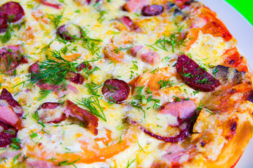 hot tasty fresh pizza on a plate close-up. green background