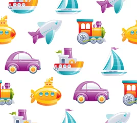 Behang Auto Cartoon speelgoed vervoer naadloze patroon. Leuke 3D-jongensstijl. Boot, auto, vliegtuig, gele onderzeeër, zeilschip, trein, raketbehangontwerp. Platte vectorillustratie geïsoleerd op een witte achtergrond.