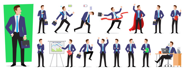 Set of character businessman employee with suitcase in different situations poses, vector
