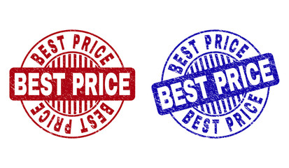 Grunge BEST PRICE round watermarks isolated on a white background. Round seals with grunge texture in red and blue colors. Vector rubber watermark of BEST PRICE text inside circle form with stripes.