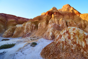 Colored chalk formations in Akzhar mountains. Geological museum under an open sky. Colored chalk mountains in Kazakhstan.