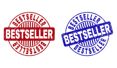 Grunge BESTSELLER round stamp seals isolated on a white background. Round seals with grunge texture in red and blue colors. Vector rubber overlay of BESTSELLER text inside circle form with stripes.