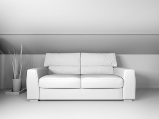 White sofa on dark flooring and wooden wall ,3d rendering