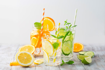 Infused water with fresh citrus fruits and ice