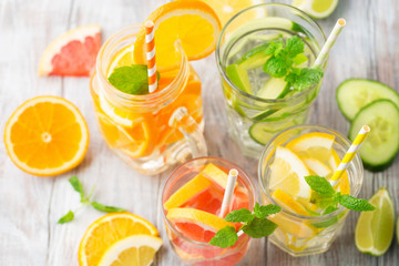 Infused water with fresh citrus fruits and ice