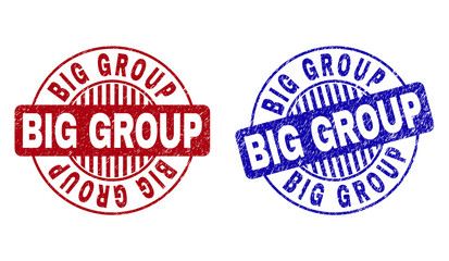 Grunge BIG GROUP round stamp seals isolated on a white background. Round seals with grunge texture in red and blue colors. Vector rubber overlay of BIG GROUP text inside circle form with stripes.