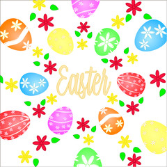 Easter eggs flowers and text Easter on a white background