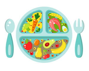 Baby food plate in bright flat style. Suitable for advertising or info poster design