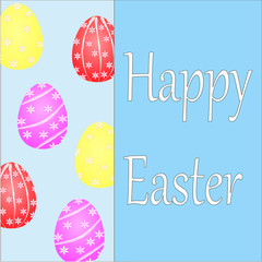 Easter illustration with eggs and text on a blue background.