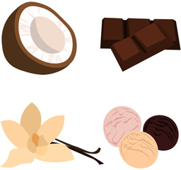 Vector set of brown and beige fruits and desserts. Vegan menu design.