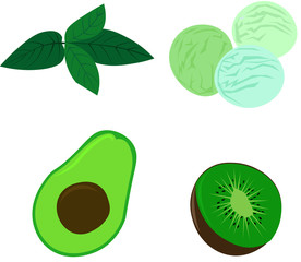 Vector set of green fruits and desserts. Vegan menu design.