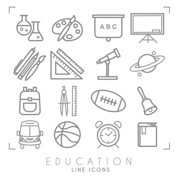 Outline thin black and white icons set. Education collection. Chemisrty, physics, mathematics, geography, astronomy, sport games and paint equipment, school bus and alarm clock. 