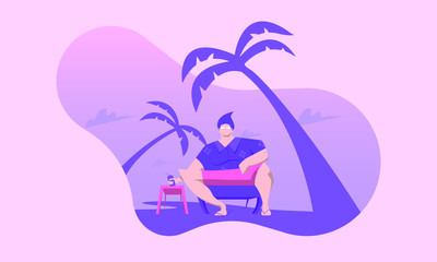 Obraz na płótnie Canvas The man sits holding a tropical drink on the beach with palm trees behind him. flat cartoon illustration. summer event poster