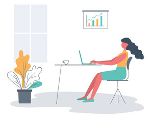 Office worker in the workplace. Young woman is sitting at the desk in the office room. Business icon. There is a laptop, a cup, a diagram and a flower in the picture. Funky flat style. Vector