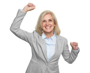 Obraz premium Cheerful senior business woman standing over white studio wall