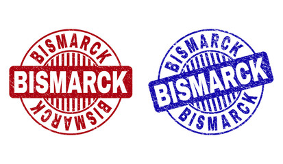 Grunge BISMARCK round stamp seals isolated on a white background. Round seals with grunge texture in red and blue colors. Vector rubber overlay of BISMARCK tag inside circle form with stripes.