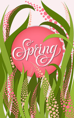 Vertical poster with hand drawn lettering - Spring in pink circle with gorgeous floral design. Background design Spring season can be used - card, invitation, poster, template - vector illustration.