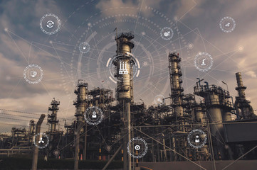 Industrial instruments in the factory with cyber and physical system icons ,Internet of things...