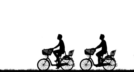 Silhouette man and bike relaxing on white  background