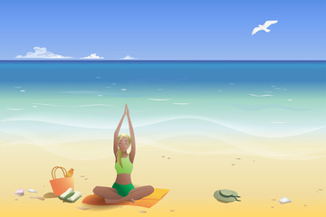 Obraz na płótnie Canvas Slender girl on the beach doing yoga