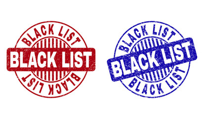 Grunge BLACK LIST round stamp seals isolated on a white background. Round seals with grunge texture in red and blue colors. Vector rubber overlay of BLACK LIST caption inside circle form with stripes.