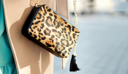 Bag in leopard print close-up. Small leather handbag in female hands. Woman walking in the city....