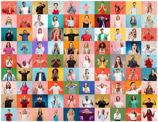 The collage of faces of surprised people on colored backgrounds. Happy men and women smiling. Human...