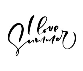 I Love Summer hand drawn lettering calligraphy vector text. Fun quote illustration design logo or label. Inspirational typography poster, banner