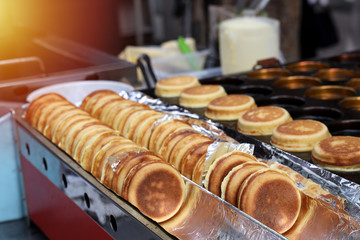 Close up Fried pancakes Place on the Freud sheet and serve as street food in Seoul, South Korea.