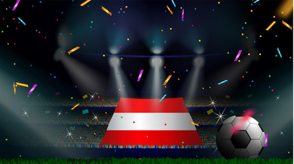 Fans hold the flag of Austria among silhouette of crowd audience in soccer stadium with confetti to celebrate football game. Concept design for football result template