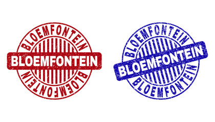 Grunge BLOEMFONTEIN round stamp seals isolated on a white background. Round seals with distress texture in red and blue colors.