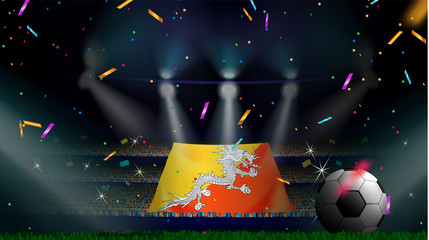 Fans hold the flag of Bhutan among silhouette of crowd audience in soccer stadium with confetti to celebrate football game. Concept design for football result template