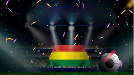 Fans hold the flag of Bolivia among silhouette of crowd audience in soccer stadium with confetti to celebrate football game. Concept design for football result template