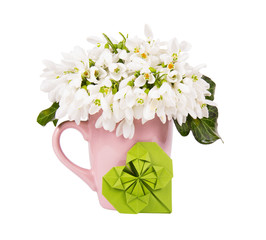 Bouquet of white flowers in pink mug. White flowers and heart on white background. Isolated on white