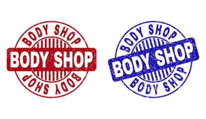 Grunge BODY SHOP round stamp seals isolated on a white background. Round seals with grunge texture in red and blue colors. Vector rubber overlay of BODY SHOP caption inside circle form with stripes.