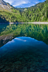 Symmetrical reflections. Turquoise water of a mountain lake surrounded by green wooded hills under...