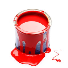 Open red paint can isolated on white background