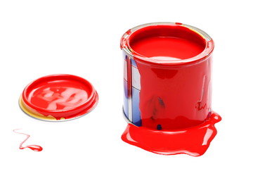 Open red paint can isolated on white background