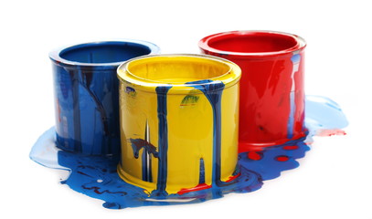 Open paint cans isolated on white background