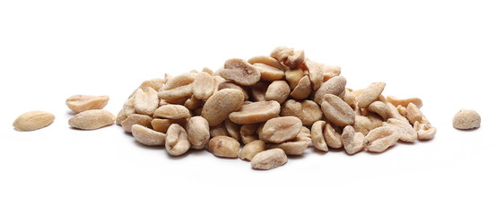 Salted and marinated peanuts, pile isolated on white