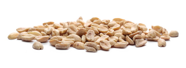 Salted and marinated peanuts, pile isolated on white