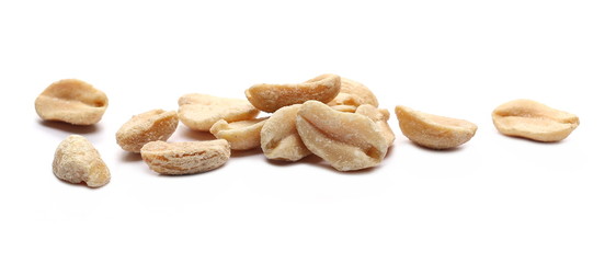 Salted and marinated peanuts, pile isolated on white