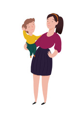 Nanny. Girl babysitter with brown hair, claret jacket and  blue skirt, holds  baby in arm. Boy moving hand. Character illustration isolated on white background. People vector illustration in flat.