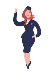 Stewardess. Pretty girl in suit of stewardess. Blue suit, cap, red scarf. Greeting raised hand. Character illustration isolated on white background. People vector illustration in flat style.