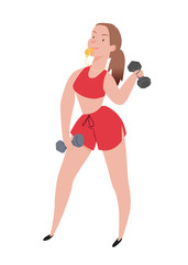 Instructor. Cute girl, sportswoman with yellow whistle, in shorts and sports brassiere. Holds dumbbells. Character illustration isolated on white background. People vector illustration in flat style.