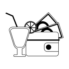 Summer cocktail and wallet with money in black and white