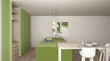 White and green minimalist kitchen in eco friendly apartment, island, table, stools and open cabinet with accessories, window, bamboo, hydroponic vases, parquet , interior design idea