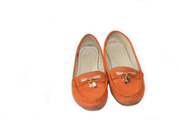 Orange loafers isolated on white background. Women's shoes. Summer footwear.